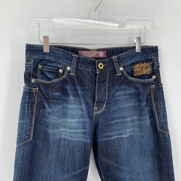 Christian Audigier embellished jeans embroidery skull stud crown blue Y2K men 32 - Picture 4 of 14
